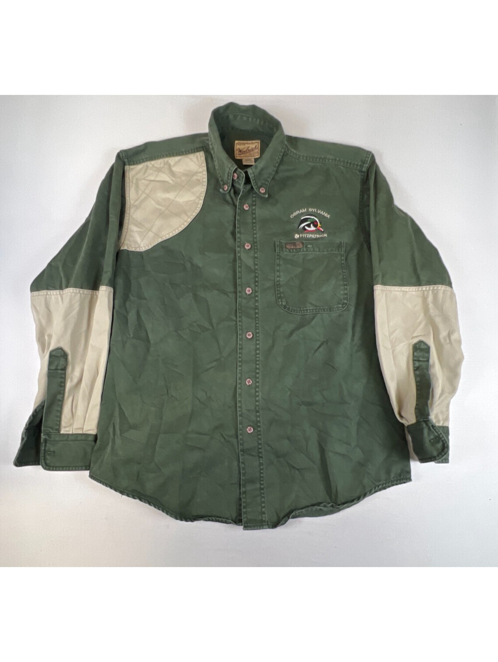 Vintage Woolrich Mens M Green Long Sleeve Button Down Shirt Embroidered Sylvania